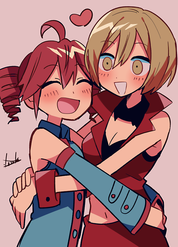 2girls ahoge black_shirt black_sleeves blush brown_eyes brown_hair buttons closed_eyes collared_shirt crop_top detached_collar detached_sleeves double-parted_bangs drill_hair grin hair_between_eyes heart hug jacket kasane_teto long_sleeves meiko_(vocaloid) midriff multiple_girls navel open_mouth own_hands_together pink_background red_hair red_jacket red_skirt red_trim red_wrist_cuffs shirt short_hair skirt skirt_set sleeveless sleeveless_jacket sleeveless_shirt smile stomach tongue twin_drills utau vocaloid wing_collar wrist_cuffs yuusuke-kun