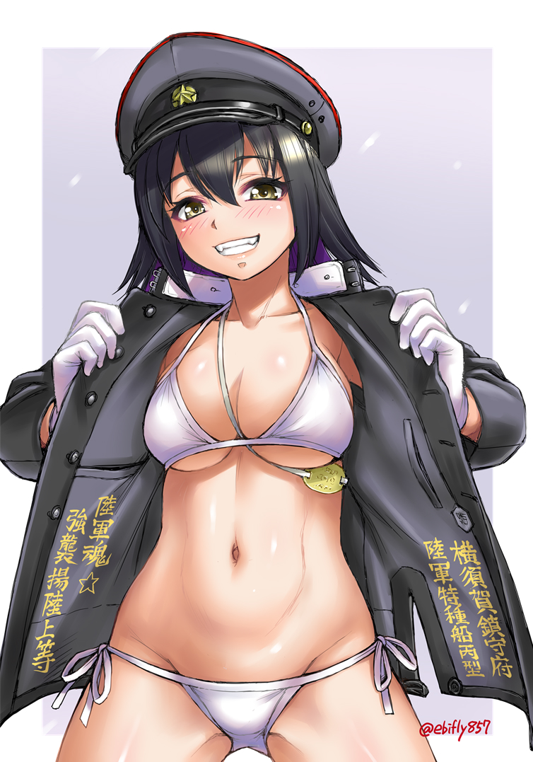 1girl akitsu_maru_(kancolle) alternate_costume bikini black_hair breasts cleavage cowboy_shot dog_tags ebifly gloves grey_background hat jacket kantai_collection large_breasts looking_at_viewer medium_hair military_hat military_jacket navel open_mouth peaked_cap simple_background smile solo swimsuit teeth white_bikini white_gloves yellow_eyes