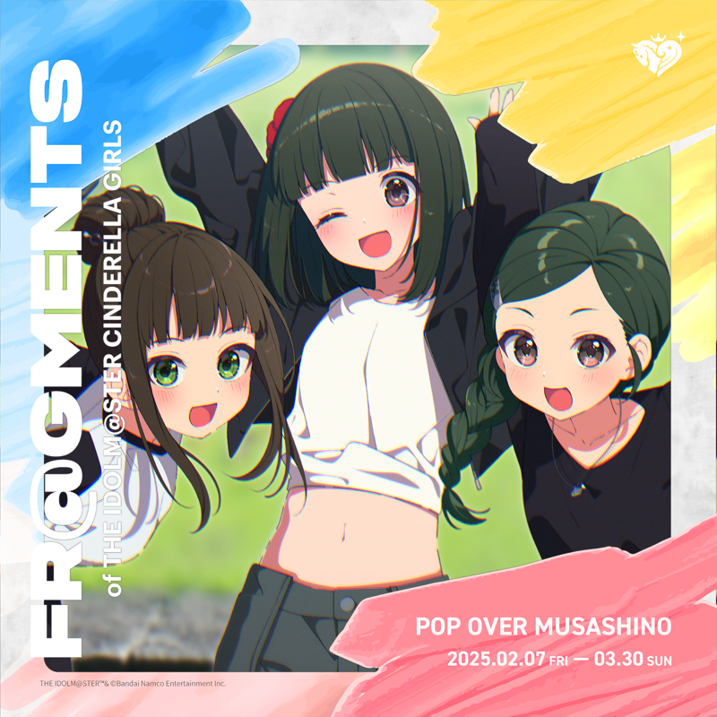 3girls :d ;d arms_up black_jacket black_shirt blunt_bangs blush braid breasts brown_eyes brown_hair collarbone commentary fragments_of_the_idolmaster_cinderella_girls green_eyes green_hair hair_bun hair_ornament hamaguchi_ayame idolmaster idolmaster_cinderella_girls jacket jewelry long_hair long_sleeves looking_at_viewer mamyouda multiple_girls navel necklace niwa_hitomi official_art one_eye_closed open_clothes open_jacket open_mouth promotional_art shirt short_hair shuto_aoi single_hair_bun smile white_shirt