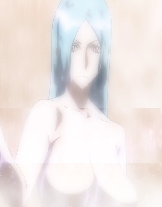 00s 1girl anime_screenshot blue_hair breasts collarbone convenient_censoring dragonaut large_breasts long_hair nude red_eyes showering steam stitched third-party_edit water widow_(dragonaut)