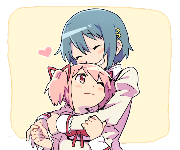 10s 2girls bad_id bad_twitter_id blue_hair grin hair_ornament hair_ribbon hairclip heart holding_hands hug hug_from_behind kaname_madoka mahou_shoujo_madoka_magica mahou_shoujo_madoka_magica_(anime) miki_sayaka multiple_girls one_eye_closed pink_eyes pink_hair ribbon school_uniform short_hair short_twintails smile twintails yoplait yuri