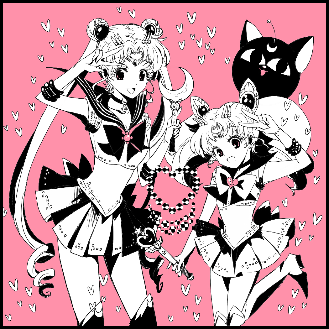 2girls :d bishoujo_senshi_sailor_moon black_border boots border bow bowtie brooch brown_eyes chibi_usa choker circlet collarbone cone_hair_bun double_bun elbow_gloves gloves hair_bun heart heart_brooch height_difference holding jewelry leg_up limited_palette long_hair looking_at_viewer miniskirt multiple_girls open_mouth pink_background pink_bow pink_bowtie pleated_skirt sailor_chibi_moon sailor_collar sailor_moon sailor_senshi_uniform sketch skirt smile standing standing_on_one_leg thigh_boots tsukino_usagi twintails usadapan1005 v very_long_hair