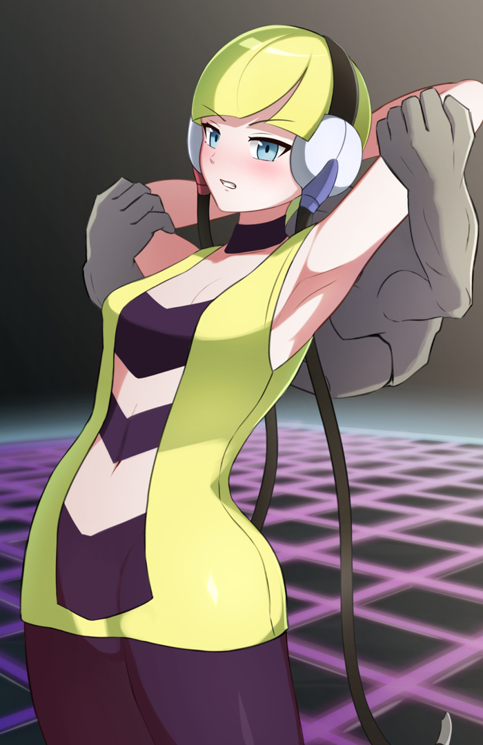 &gt;:( 1girl armpits bare_arms bare_shoulders black_choker black_headwear black_pantyhose blonde_hair blue_eyes blunt_bangs blush breasts choker collarbone creatures_(company) elesa_(pokemon) game_freak gen_1_pokemon geodude headphones nintendo pantyhose pokemon pokemon_(creature) pokemon_bw short_hair tosaka_(tosaka0001) v-shaped_eyebrows