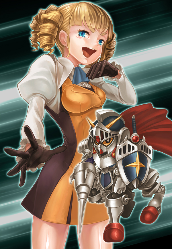 10s 1girl armor ascot black_gloves blonde_hair blue_eyes blush_stickers cape dress drill_hair gloves gundam gundam_build_fighters juliet_sleeves knight_gundam konnyaku konnyaku_(kk-monmon) long_sleeves looking_at_viewer mecha ojou-sama_pose open_mouth outstretched_arm puffy_long_sleeves puffy_sleeves robot short_hair yajima_caroline