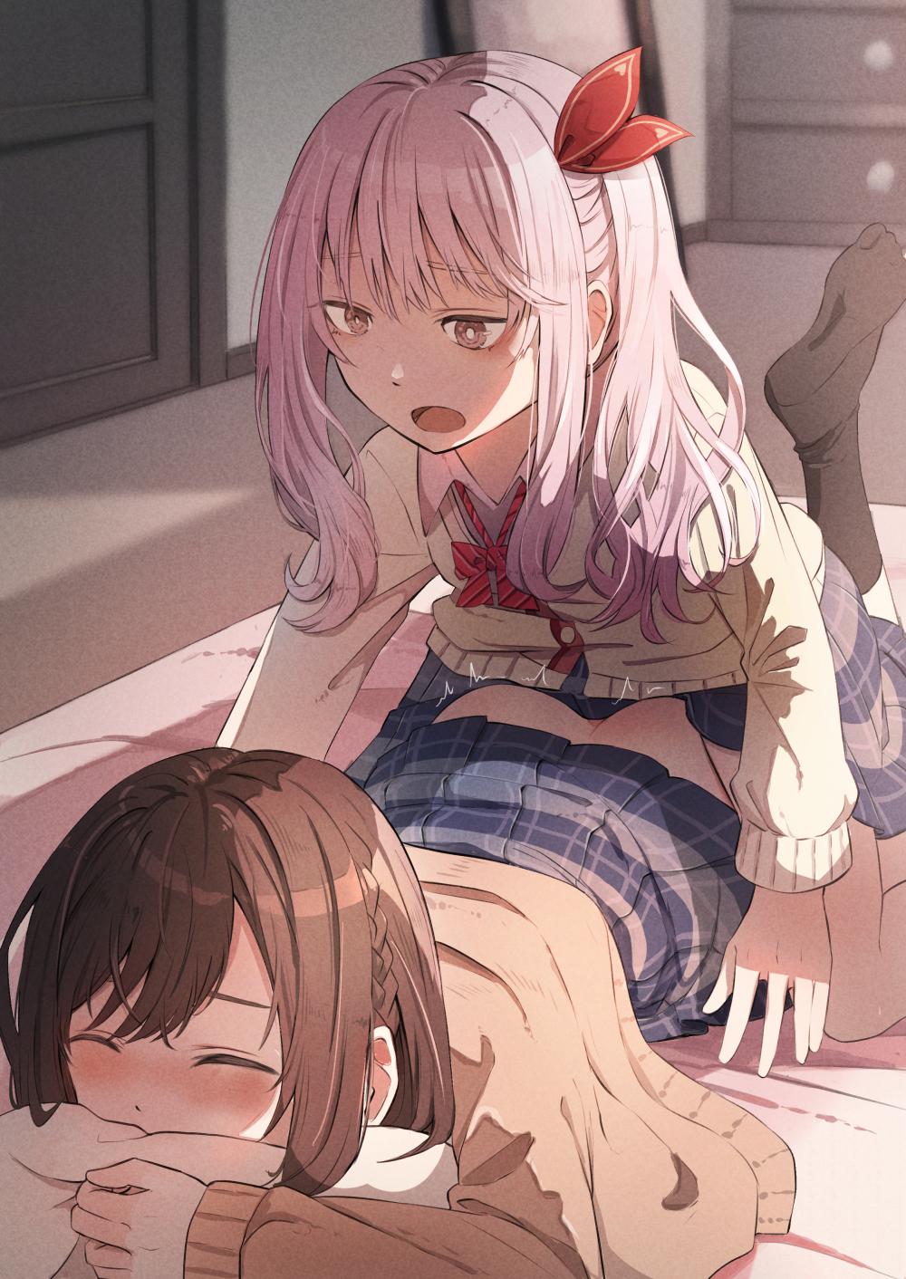 1boy 1girl 25-ji_nightcord_de._(project_sekai) akiyama_mizuki ass bed blush brown_hair closed_eyes conoha female_focus frottage hetero highres hugging_object looking_at_viewer lying on_bed on_person open_mouth pillow pillow_hug pink_eyes pink_hair project_sekai prone_bone rubbing school_uniform sex sex_from_behind shinonome_ena sitting sitting_on_person