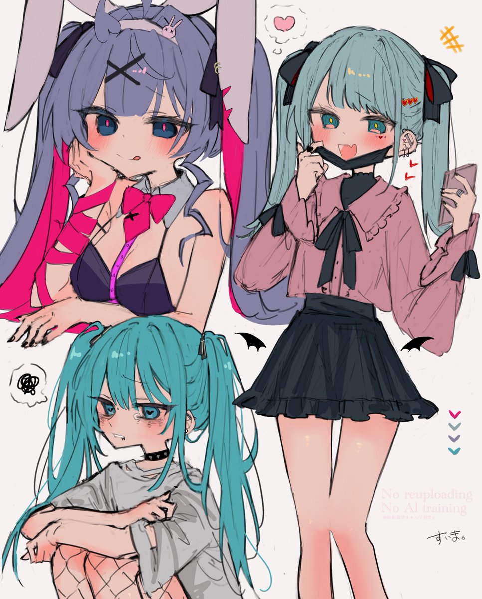 3girls :q animal_ears aqua_eyes aqua_hair black_leotard black_mask black_nails black_skirt blue_eyes blue_hair bow bowtie cellphone collared_shirt colored_inner_hair detached_collar fishnet_pantyhose fishnets hair_ornament hair_ribbon hairband hatsune_miku highres holding holding_phone jirai_kei leotard mask mouth_mask multicolored_hair multiple_girls open_mouth pantyhose phone pink_bow pink_bowtie pink_shirt playboy_bunny rabbit_ears rabbit_hole_(vocaloid) ribbon sad_girl_sex_(vocaloid) shirt skirt smartphone suima_(z50eu) tears tongue tongue_out twintails vampire_(vocaloid) vocaloid white_hairband white_shirt x_hair_ornament