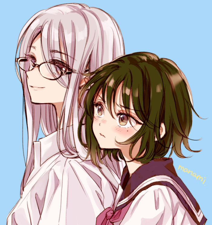 2girls aged_down artist_name black-framed_eyewear blue_background blush closed_mouth collared_shirt commentary_request from_side glasses green_hair hair_between_eyes himawari-san long_hair looking_at_another looking_at_viewer looking_to_the_side meigetsu_yuu mole mole_under_eye multiple_girls neckerchief pink_neckerchief previous_himawari-san purple_sailor_collar sailor_collar school_uniform serafuku shirt short_hair sideways_glance signature simple_background smile sugano_manami upper_body white_hair white_shirt