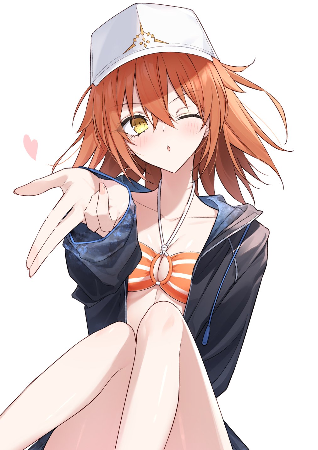 1girl baseball_cap bikini black_jacket blush breasts cleavage collarbone fate/grand_order fate_(series) fujimaru_ritsuka_(female) fujimaru_ritsuka_(female)_(brilliant_summer) hat highres jacket long_sleeves looking_at_viewer medium_breasts open_mouth orange_bikini orange_eyes orange_hair pttyr short_hair solo striped_bikini striped_clothes swimsuit thighs white_hat