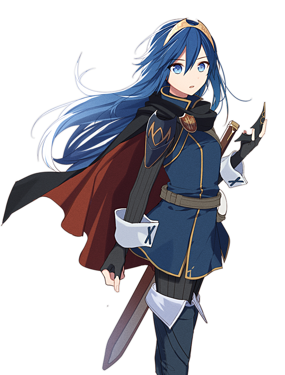 1girl arm_at_side belt black_cape blue_eyes blue_hair boots cape closed_mouth fingerless_gloves fire_emblem fire_emblem_awakening gloves hair_ornament highres holding long_hair long_sleeves looking_at_viewer lucina_(fire_emblem) nintendo ribbed_sweater ryon_(ryonhei) simple_background solo standing sweater sword thigh_boots thighhighs tiara turtleneck weapon white_background wrist_cuffs