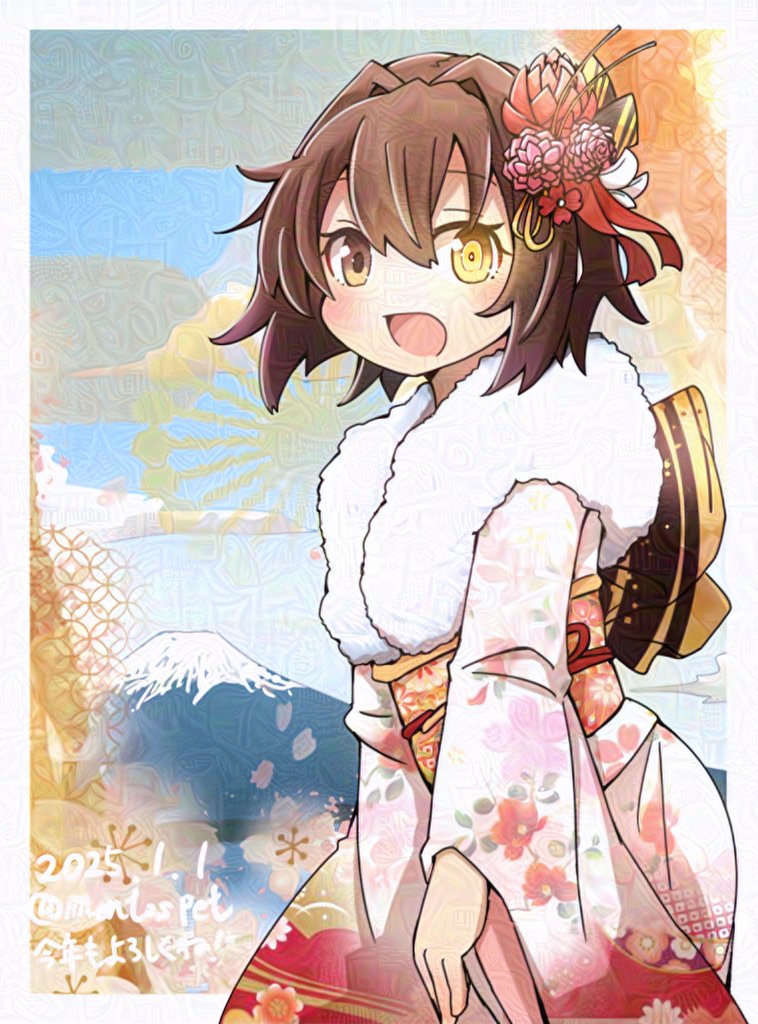 1girl aoba_(akibajun) blue_sky brown_eyes brown_hair cloud dated day floral_print flower fur-trimmed_kimono fur_trim furutaka_(haregi_mode)_(kancolle) furutaka_(kancolle) glowing glowing_eye gradient_clothes gradient_kimono hair_flower hair_ornament japanese_clothes kantai_collection kimono mount_fuji official_alternate_costume open_mouth outdoors short_hair sky smile solo volcano