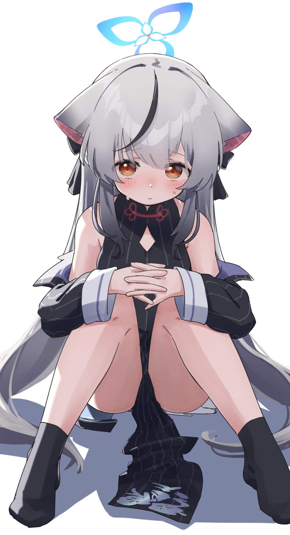 1girl animal_ears black_dress black_hair black_jacket black_ribbon black_socks blue_archive blush china_dress chinese_clothes crossed_bangs dress floral_print flower_knot grey_hair hair_ribbon halo highres interlocked_fingers jacket kokona_(blue_archive) long_hair long_sleeves looking_at_viewer multicolored_hair namaonpa off_shoulder orange_eyes ribbon sidelocks sitting socks solo streaked_hair striped_clothes striped_dress sweatdrop white_background