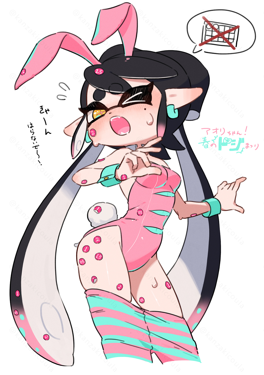 &gt;_o 1girl alternate_costume animal_ears black_hair blue_pantyhose blue_wrist_cuffs blush bow-shaped_hair breasts callie_(splatoon) clothes_pull collar commentary_request coula_cat covered_navel cropped_legs cross-shaped_pupils crossed_out detached_collar earrings embarrassed fake_animal_ears fake_tail fangs flying_sweatdrops gradient_hair groin highres inkling jewelry leotard long_hair mole mole_under_eye multicolored_hair nintendo one_eye_closed open_mouth pantyhose pantyhose_pull pink_hair pink_leotard pink_pantyhose pink_pupils pointy_ears rabbit_ears rabbit_tail sidelocks simple_background solo speech_bubble splatoon_(series) sticker_on_arm sticker_on_face sticker_on_hand sticker_on_leg sticker_on_stomach strapless strapless_leotard sweat symbol-shaped_pupils tail tentacle_hair thick_eyebrows too_many_stickers translation_request twintails two-tone_hair very_long_hair white_background white_collar wrist_cuffs yellow_eyes