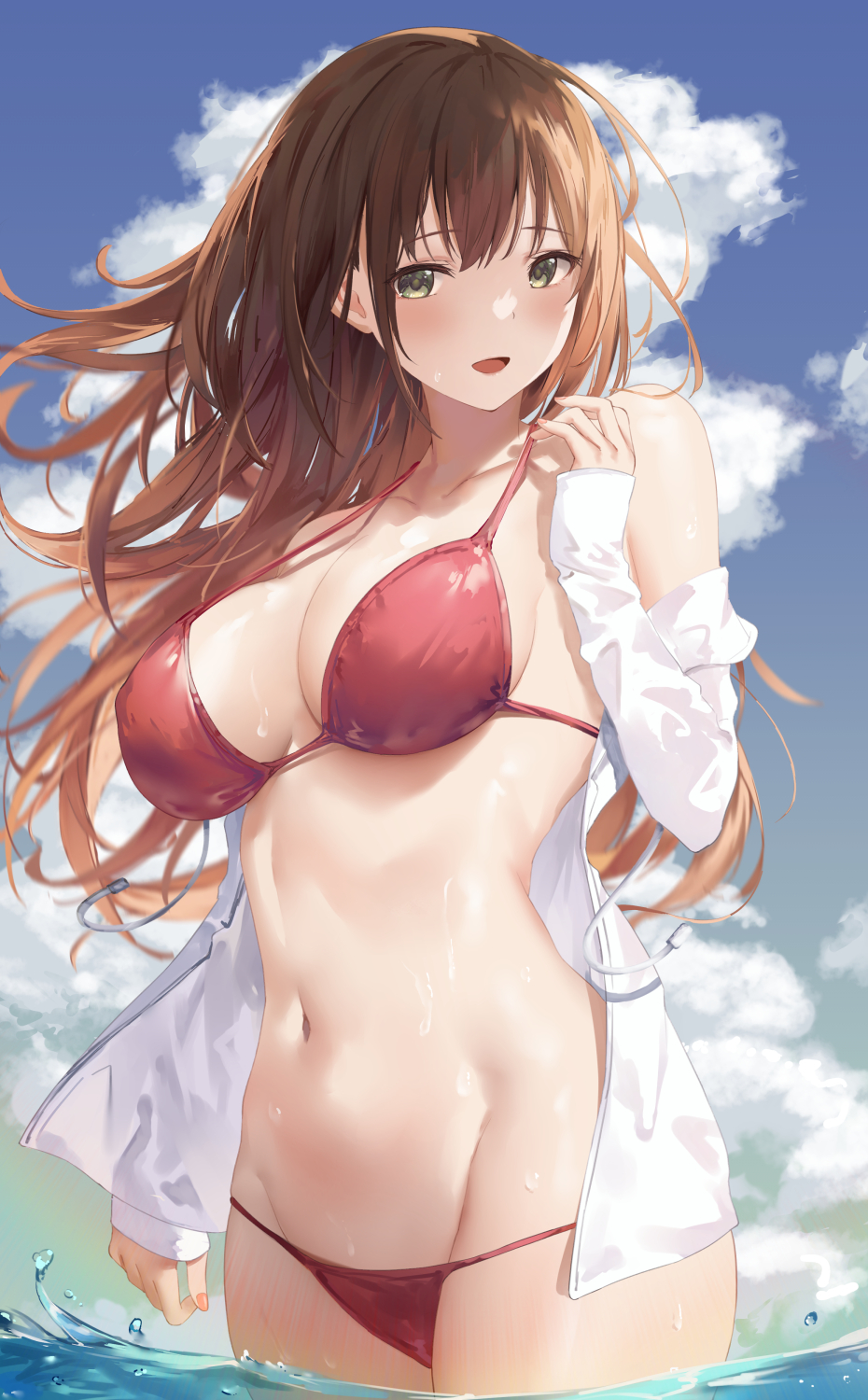 1girl :d bare_shoulders bikini blue_sky blush breasts brown_hair cleavage cloud commentary_request cowboy_shot day green_eyes groin hand_up highres large_breasts long_hair long_sleeves lowleg navel off_shoulder open_clothes open_mouth open_shirt original outdoors red_bikini sky sleeves_past_wrists smile solo stomach strap_gap suzuame_yatsumi swimsuit water wet