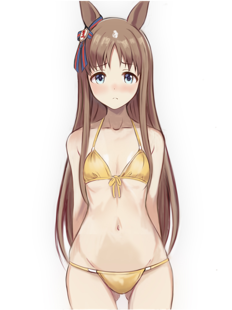 animal_ears arms_behind_back bikini bow breasts brown_hair commission cowboy_shot ear_ribbon front-tie_bikini_top front-tie_top gluteal_fold gold_bikini grass_wonder_(umamusume) green_eyes horse_ears long_hair lowleg lowleg_bikini multicolored_hair nannacy7 navel pixiv_commission simple_background small_breasts standing swimsuit umamusume white_background white_hair