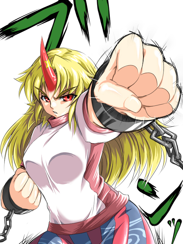 1girl blonde_hair breasts chain female_focus horns hoshiguma_yuugi long_hair single_horn solo standing tajima_yuuki touhou white_background