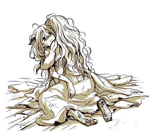 2girls barefoot dirty dirty_feet dragon_girl dress horns hug kneeling long_hair lowres monochrome mother_and_daughter multiple_girls original torn_clothes wooni