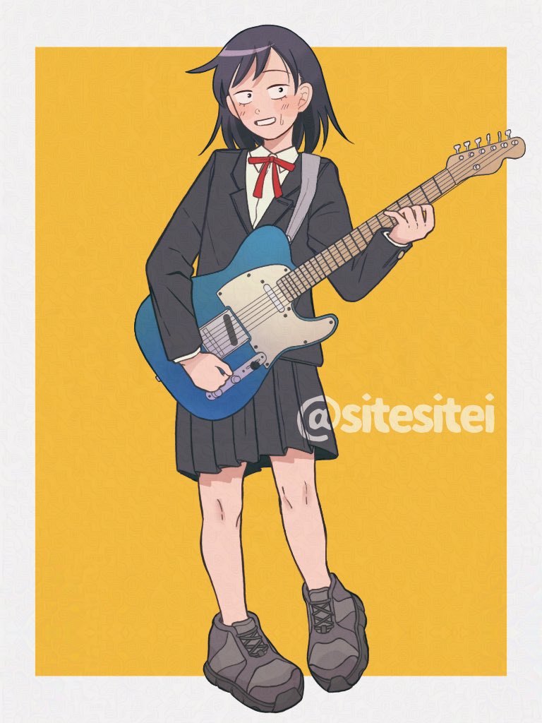 1girl black_eyes black_footwear black_hair black_jacket black_skirt blazer blush collared_shirt commentary_request dress_shirt electric_guitar fender_telecaster full_body futsuu_no_keion-bu guitar hatono_chihiro holding holding_guitar holding_instrument instrument jacket lapels long_sleeves medium_hair neck_ribbon nervous_smile notched_lapels orange_background pleated_skirt prototype_design red_ribbon ribbon sanpaku school_uniform shirt side_ahoge sitesitei skirt smile solo standing twitter_username white_shirt