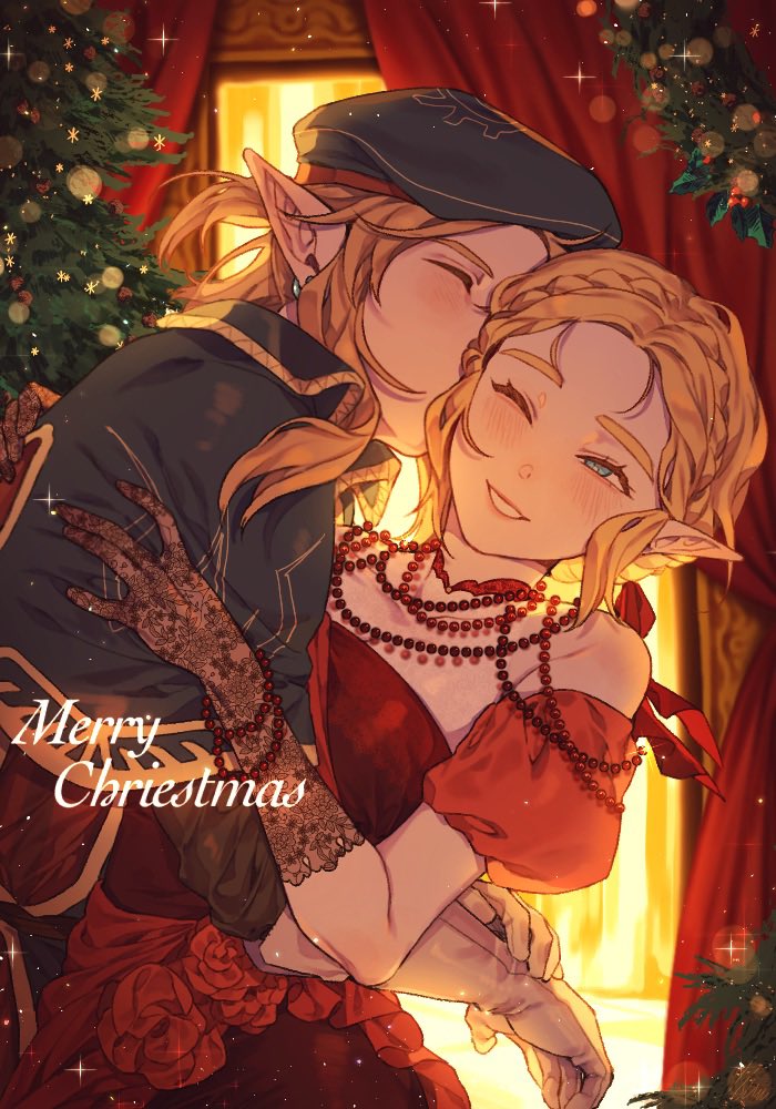 1girl alternate_costume bare_shoulders blonde_hair christmas christmas_tree dress gloves hetero kiss lace lace_gloves link merry_christmas nintendo official_alternate_costume pointy_ears princess_zelda pu_hegg red_dress royal_guard_set_(zelda) smile the_legend_of_zelda the_legend_of_zelda:_breath_of_the_wild