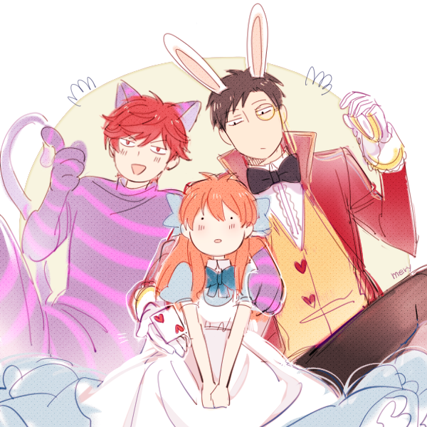 1girl 2boys alice_(alice_in_wonderland) alice_(alice_in_wonderland)_(cosplay) alice_in_wonderland animal_ears apron bad_id bad_pixiv_id black_hair bow bowtie card cat_ears cheshire_cat_(alice_in_wonderland) cheshire_cat_(cosplay) cosplay dress gekkan_shoujo_nozaki-kun gloves mery_(yangmalgage) mikoshiba_mikoto monocle multiple_boys nozaki_umetarou open_mouth orange_hair playing_card pocket_watch rabbit_ears red_hair sakura_chiyo smile watch white_gloves white_rabbit_(alice_in_wonderland) white_rabbit_(cosplay)