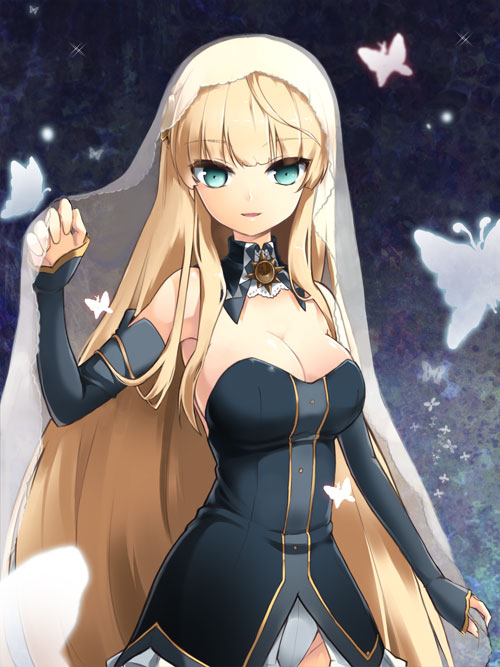 1girl arm_up bad_id bad_pixiv_id bare_shoulders blonde_hair breasts bug butterfly detached_collar detached_sleeves female_focus green_eyes helena_k_sink helena_k_sync insect long_hair open_mouth smile solo sword_girls ubina veil very_long_hair