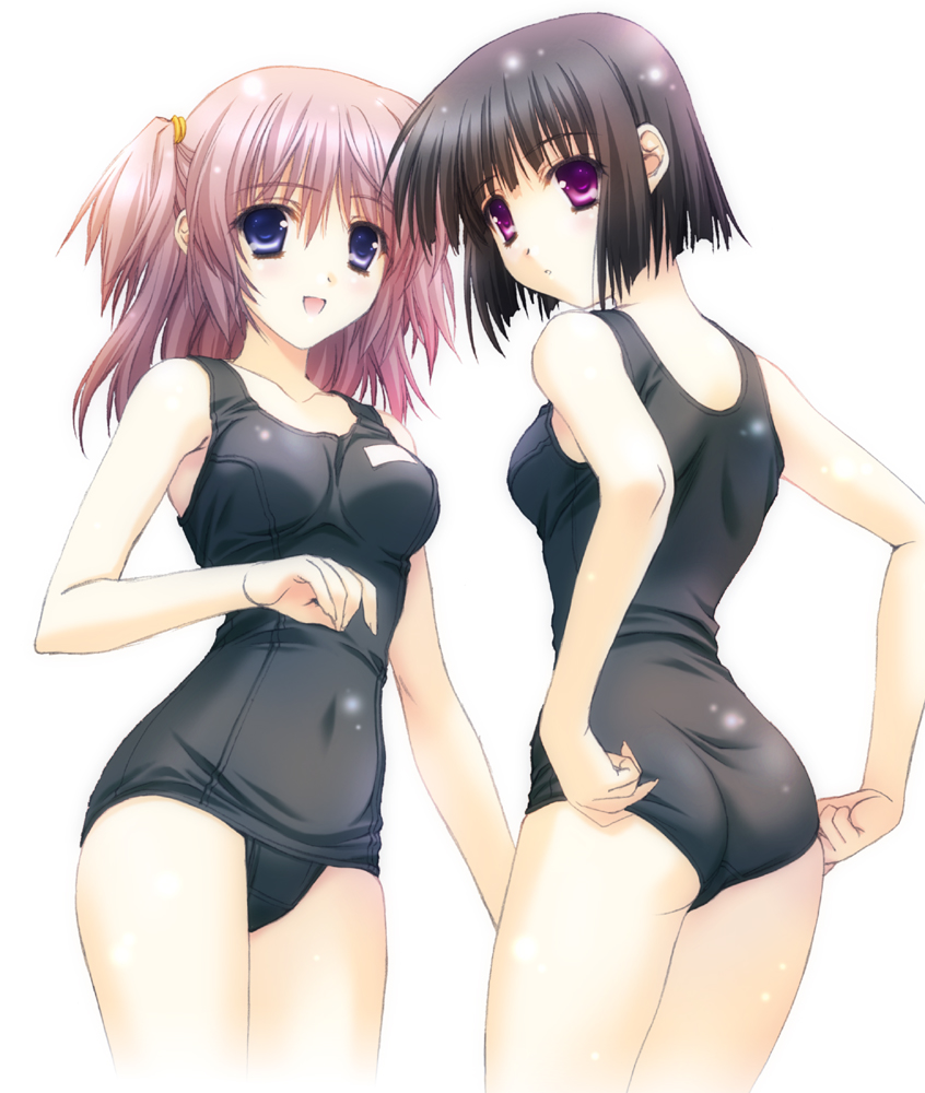 2girls adjusting_clothes adjusting_swimsuit black_hair black_one-piece_swimsuit blue_eyes breasts collarbone covered_navel cowboy_shot kimizuka_aoi looking_at_viewer medium_breasts medium_hair multiple_girls one-piece_swimsuit original pink_hair purple_eyes school_swimsuit short_hair simple_background swimsuit two_side_up white_background