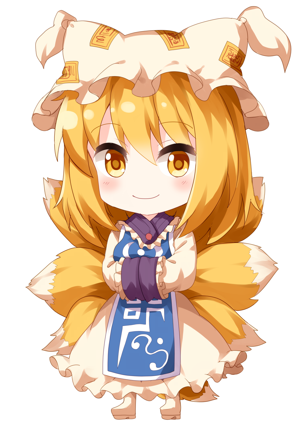 1girl blonde_hair blue_tabard blush chibi chibi_only closed_mouth commentary_request dress fox_tail frilled_dress frills full_body hands_in_opposite_sleeves hat highres kitsune long_sleeves looking_at_viewer mob_cap ruu_(tksymkw) shoes short_hair simple_background smile solo standing tabard tail touhou white_background white_dress white_footwear white_hat yakumo_ran yellow_eyes