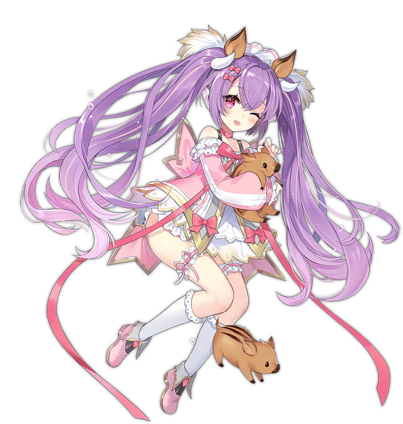 1girl :d animal animal_ears ark_order boar_(ark_order) boar_ears bow bridal_garter choker dress frilled_dress frilled_socks frills full_body gold_trim hair_bow hatoyama_itsuru heart heart_choker holding holding_animal horns kneehighs long_sleeves official_art one_eye_closed open_mouth pink_choker pink_dress pink_eyes pink_footwear pink_ribbon puffy_long_sleeves puffy_sleeves purple_hair ribbon shoes smile snout_hair_ornament socks solo tachi-e transparent_background twintails white_socks