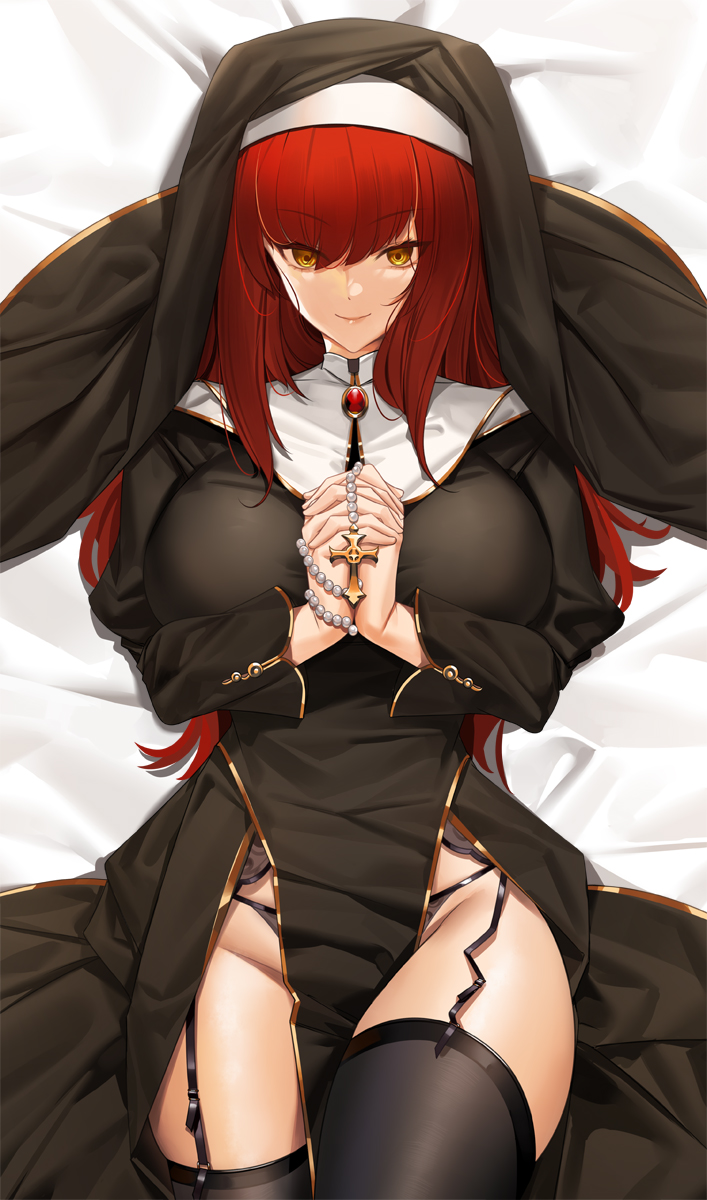 1girl alternate_costume black_dress black_garter_straps black_thighhighs breasts chainsaw_man cross cross_necklace dakimakura_(medium) dress garter_straps habit highres interlocked_fingers jewelry large_breasts long_hair long_sleeves looking_at_viewer lying makima_(chainsaw_man) necklace nun on_back own_hands_together pelvic_curtain red_hair solo thighhighs thighs tony_guisado yellow_eyes