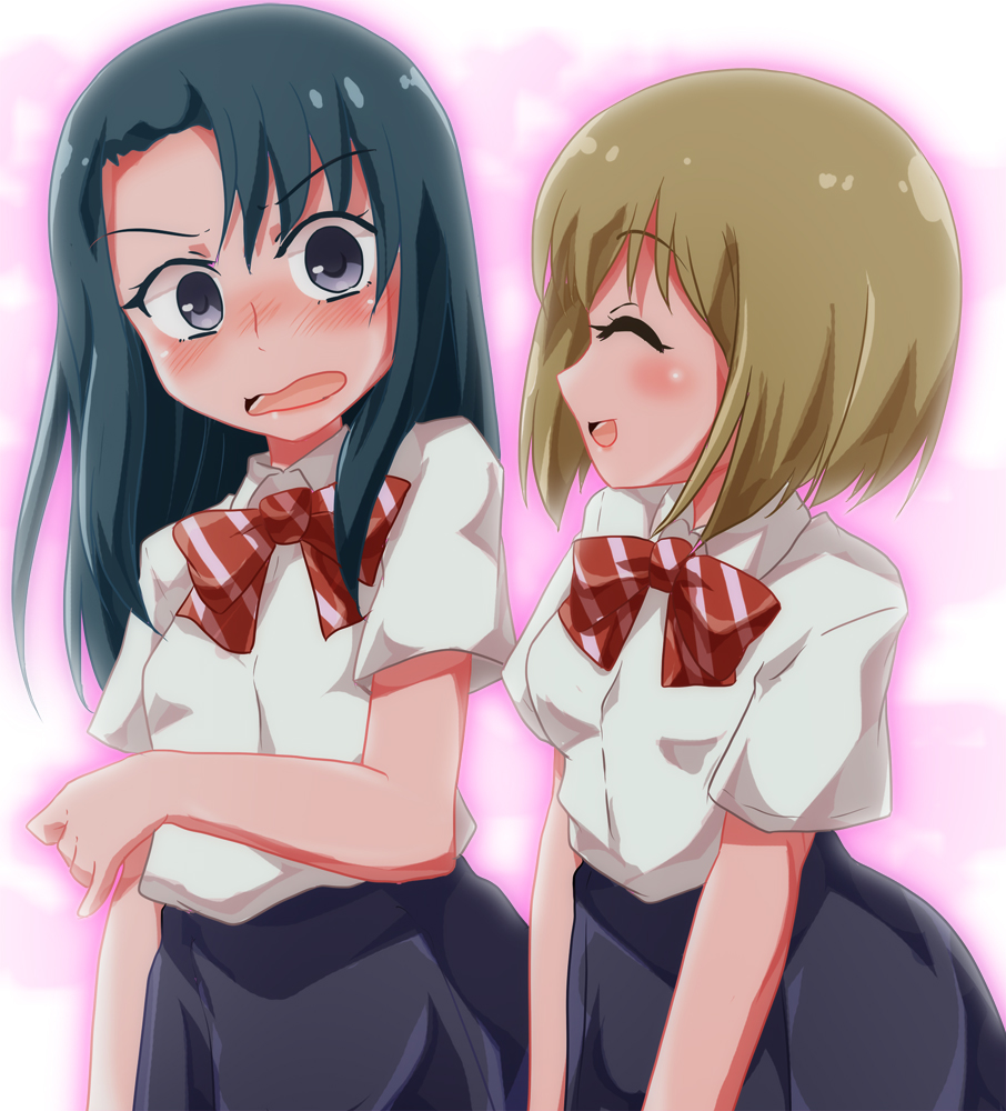 2girls arms_at_sides black_hair black_skirt blush bow brown_hair closed_eyes female_focus gakuen_babysitters grey_eyes inomata_maria long_hair looking_at_another multiple_girls pink_background red_bow red_neckwear school_uniform shishinon short_hair short_sleeves skirt standing ushimaru_yuki