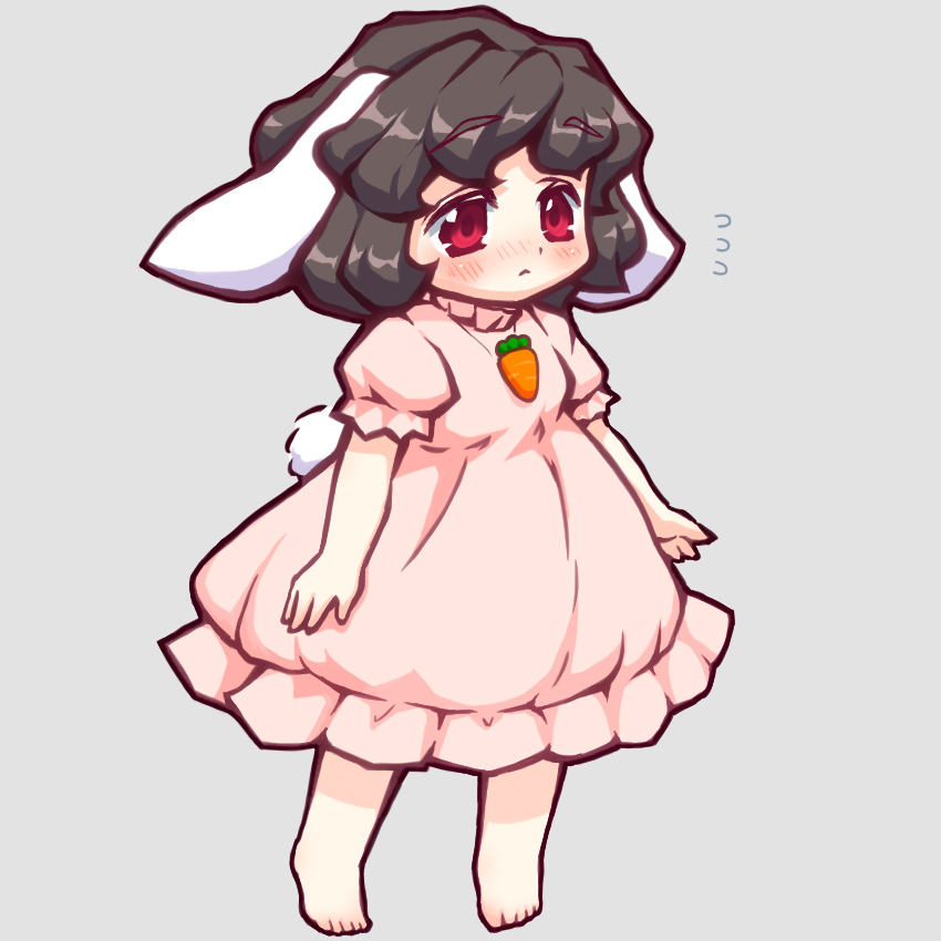 1girl :&lt; animal_ears barefoot bebeneko black_hair black_outline blush carrot_necklace closed_mouth commentary_request dress expressionless flat_chest floppy_ears flying_sweatdrops frilled_sleeves frills full_body grey_background inaba_tewi jewelry looking_at_viewer necklace nose_blush outline pink_dress puffy_short_sleeves puffy_sleeves rabbit_ears rabbit_girl rabbit_tail red_eyes short_hair short_sleeves simple_background solo tail touhou