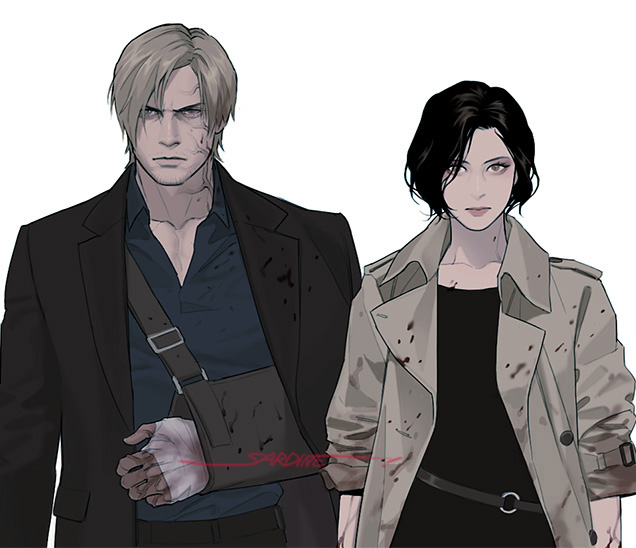 1boy 1girl ada_wong arm_sling artist_name bandaged_hand bandages black_dress black_hair black_jacket blonde_hair blood blood_on_clothes blood_on_face blue_shirt coat collared_shirt dress facing_viewer grey_coat jacket leon_s._kennedy parted_bangs resident_evil resident_evil_4 resident_evil_4_(remake) sardine_(kjr0313) shirt short_hair sleeves_rolled_up suit_jacket trench_coat upper_body white_background