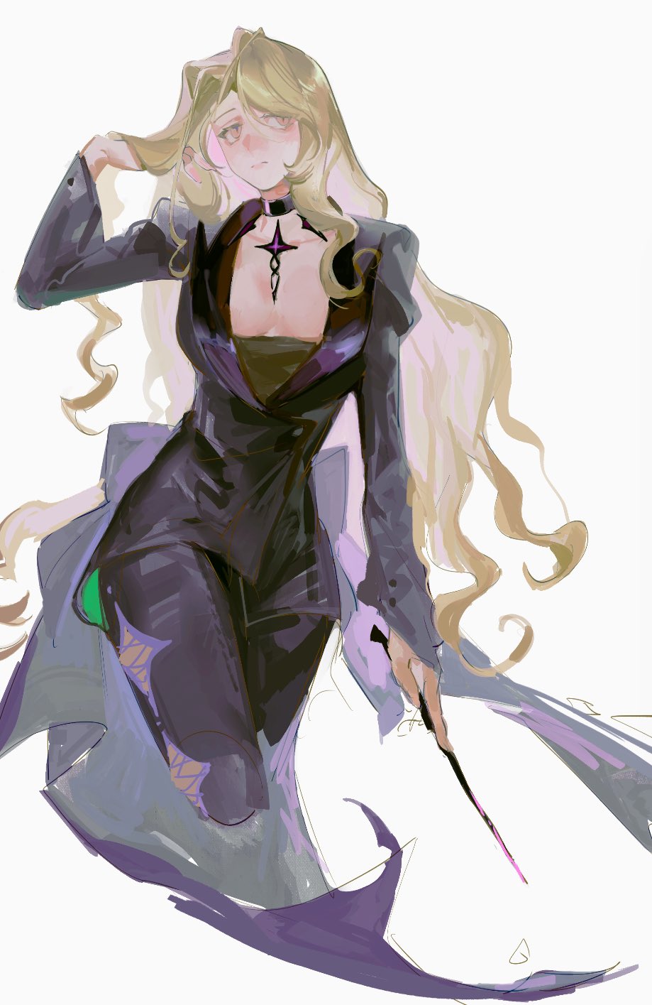 1girl black_jacket black_pants blonde_hair breasts choker classicaloid cleavage closed_mouth conductor_baton cropped_legs franz_liszt_(classicaloid) highres holding_baton jacket long_hair long_sleeves octahooves pants simple_background solo very_long_hair white_background