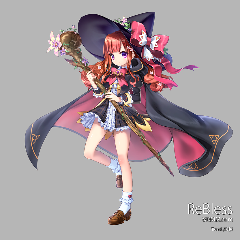 1girl cape capelet cloak dress flower full_body grey_background hair_flower hair_ornament hat legs long_hair looking_at_viewer original pink_eyes rebless ribbon shoes simple_background skirt smile solo teresia witch_hat yuasa_akira