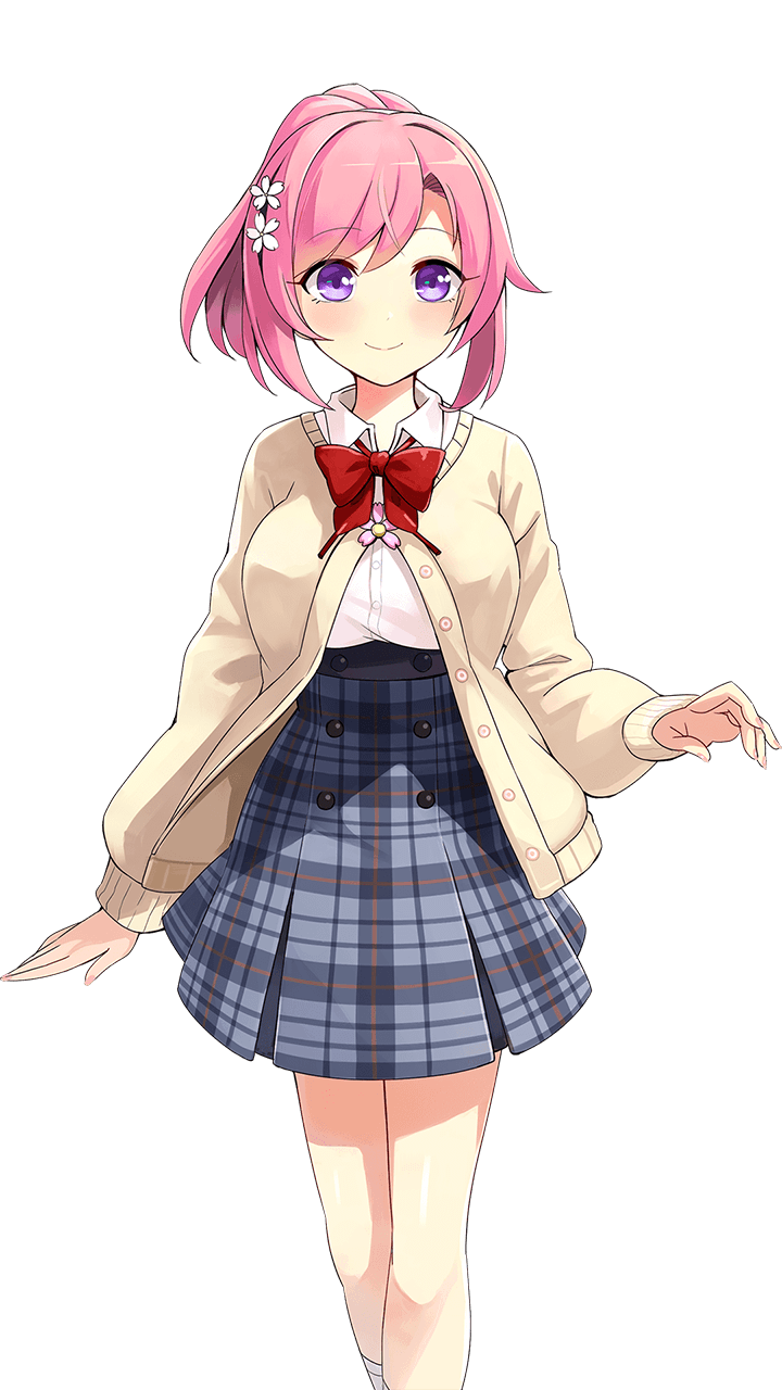 1girl closed_mouth female_focus highres kazamatsuri_oka knees light_blush moe!_ninja_girls moe!_ninja_girls_rpg necktie ntt_solmare official_art pink_hair purple_eyes skirt smile solo striped_clothes striped_skirt thighs transparent_background