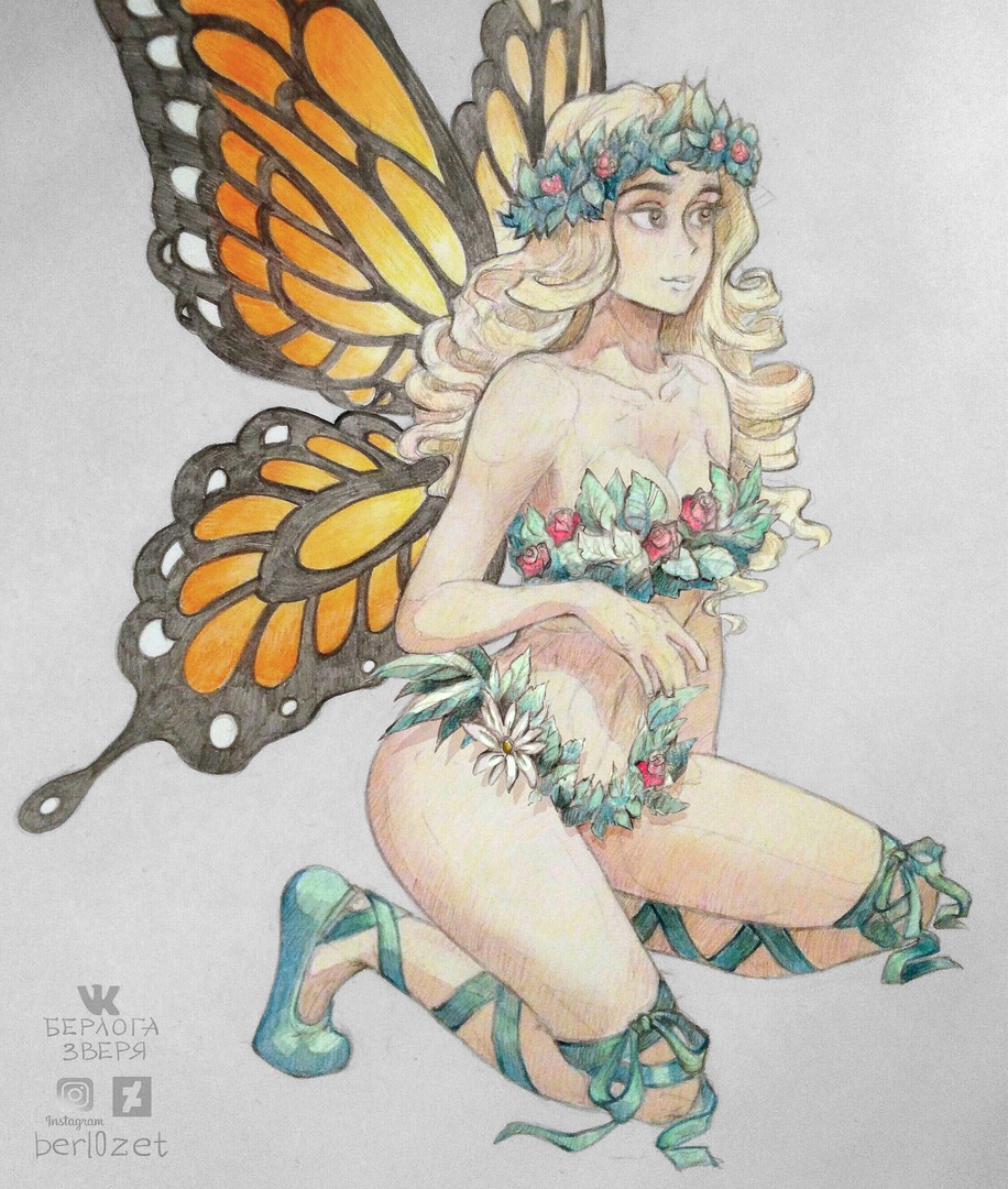 1girl bare_shoulders berloga_zverya blonde_hair breasts butterfly_wings collarbone curly_hair fairy flower flower_clothes flower_on_head full_body head_wreath heroes_of_might_and_magic heroes_of_might_and_magic_iii insect_wings long_hair medium_breasts might_and_magic navel ribbon shoes simple_background solo squatting underwear wings yellow_eyes