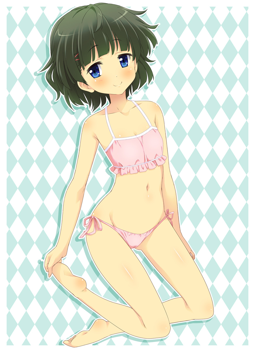 1girl barefoot bikini black_hair blue_eyes eitarou_(kaminari_neko) feet female_focus flat_chest frilled_bikini frills hands_on_feet highres holding_own_foot original pink_bikini short_hair solo stomach swimsuit toes