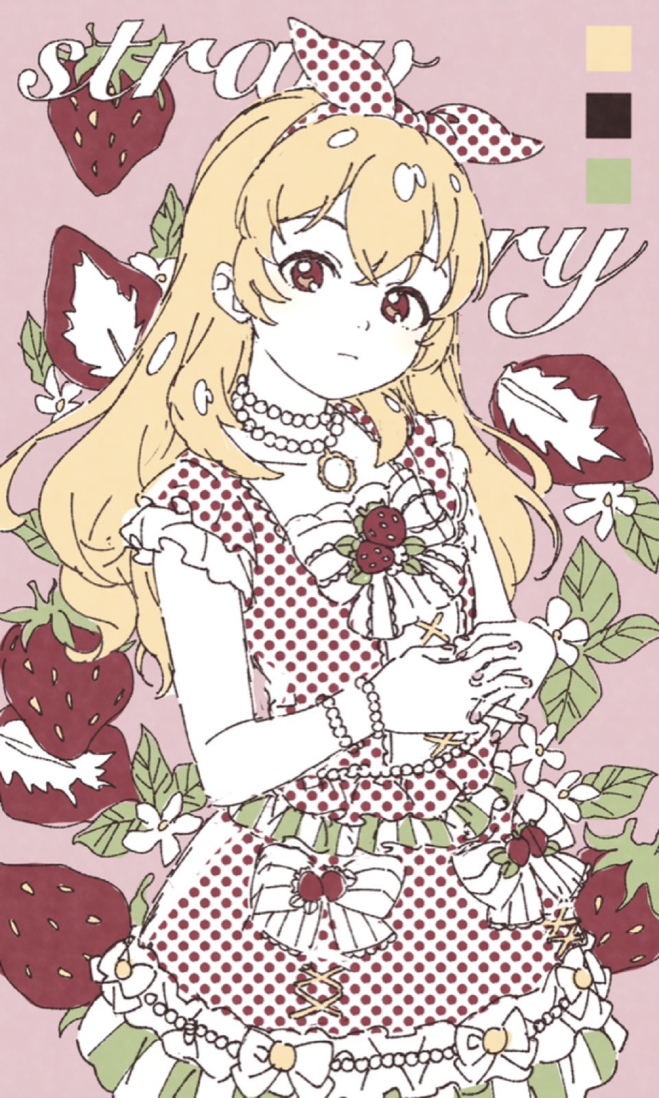 1girl aikatsu! aikatsu!_(series) bead_necklace beads blonde_hair bow bow_hairband bracelet closed_mouth color_guide commentary_request cowboy_shot dress food food-themed_background fruit ginjiro_(ginjiroxx) hair_bow hairband highres hoshimiya_ichigo idol_clothes jewelry limited_palette long_hair looking_at_viewer necklace own_hands_together polka_dot polka_dot_bow polka_dot_dress red_eyes solo strawberry