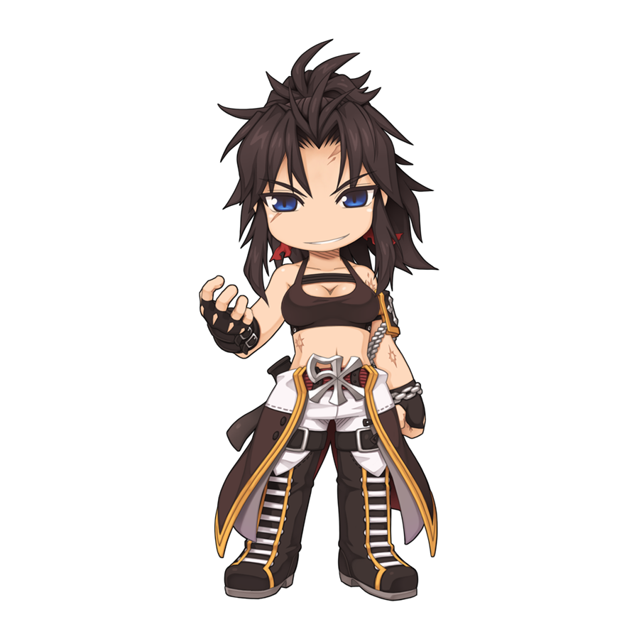 1girl belt black_footwear black_gloves black_hair black_sports_bra blue_eyes boots breasts bullet_scar chain chibi chibi_only cleavage coat_around_waist cross-laced_footwear elena_bolkova emblem fingerless_gloves full_body gloves gold_trim grin long_hair looking_at_viewer medium_breasts navel navel_peek official_art pants pants_tucked_in parted_bangs ragnarok_online rebellion_(ragnarok_online) red_belt scar scar_across_eye scar_on_arm scar_on_stomach simple_background smile solo sports_bra standing transparent_background v-shaped_eyebrows white_pants yuichirou