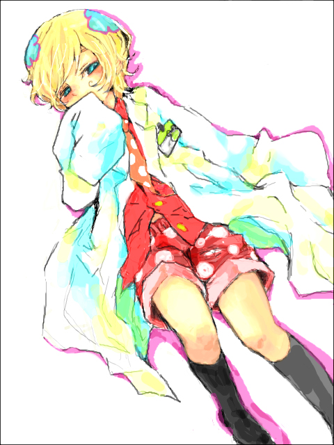 00s 1boy androgynous black_socks blonde_hair blue_eyes blue_hair blush child collared_shirt covering_own_mouth eeko half-closed_eyes irabu_ichirou kneehighs kuuchuu_buranko lab_coat looking_at_viewer lying male_focus matching_hair/eyes multicolored_hair necktie polka_dot shirt shorts simple_background socks solo white_background