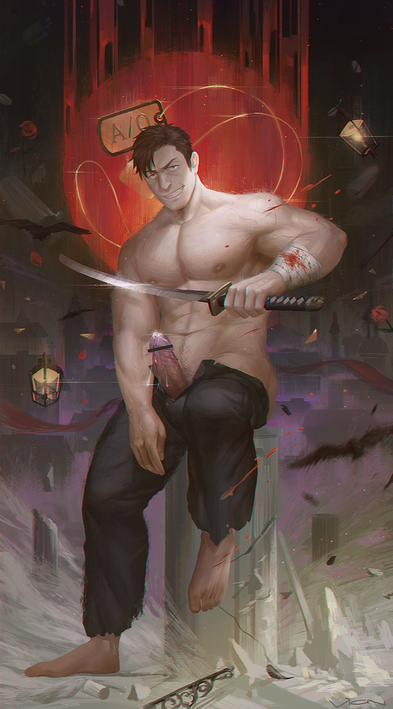 10s 1boy abs bara erection gangsta highres looking_at_viewer male_focus muscular pectorals penis topless_male sitting smile solo tagme undressing weapon