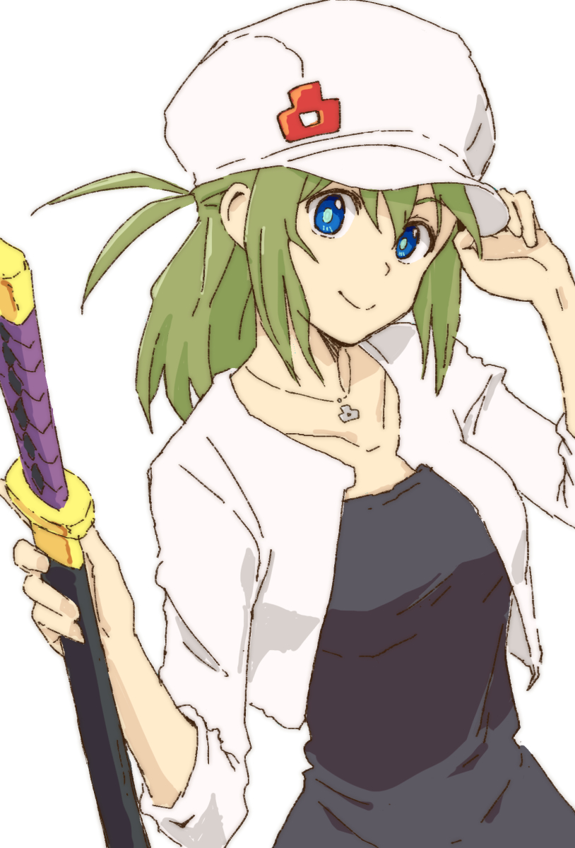 1girl aznakagoe black_dress blue_eyes borrowed_character breasts cabbie_hat closed_mouth collarbone commentary_request cropped_jacket dress green_hair hair_between_eyes hand_on_headwear hands_up hat highres holding holding_sheath jacket katana long_sleeves looking_at_viewer medium_breasts open_clothes open_jacket original sheath sheathed simple_background smile solo sword weapon white_background white_hat white_jacket yunomiya_agari