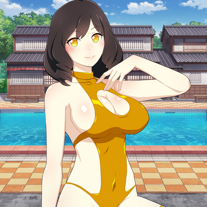 1girl alternate_costume architecture black_hair breasts challengia cleavage cleavage_cutout clothing_cutout cloud collarbone day drill_hair east_asian_architecture gold gold_leotard gold_one-piece_swimsuit large_breasts leotard looking_at_viewer nchans nchans_style ninchan_(nchans) official_art one-piece_swimsuit orcaleon outdoors short_hair sideboob sitting smile swimsuit yellow_eyes