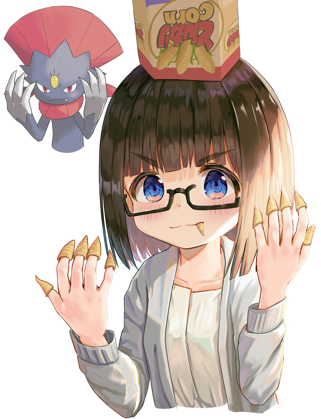 &gt;_&lt; 1girl black-framed_eyewear black_hair blue_eyes blush bugles bugles_(food) bugles_on_fingers closed_mouth commentary_request creatures_(company) cropped_torso food_on_hand game_freak gen_4_pokemon glasses grey_jacket highres jacket looking_at_viewer mimikaki_(men_bow) nintendo on_head open_clothes open_jacket original pokemon pokemon_(creature) semi-rimless_eyewear shirt simple_background smile under-rim_eyewear upper_body v-shaped_eyebrows weavile white_background white_shirt