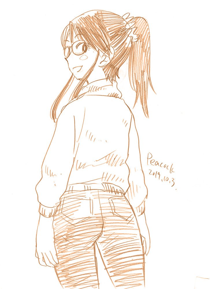 1girl blush commentary_request cowboy_shot denim glasses graphite_(medium) hair_ornament hair_scrunchie jeans koiwai_koharuko looking_at_viewer looking_back monochrome open_mouth pants peacock_(p-location) ponytail scrunchie signature simple_background sketch smile solo sweater traditional_media turtleneck turtleneck_sweater white_background white_scrunchie yotsubato!