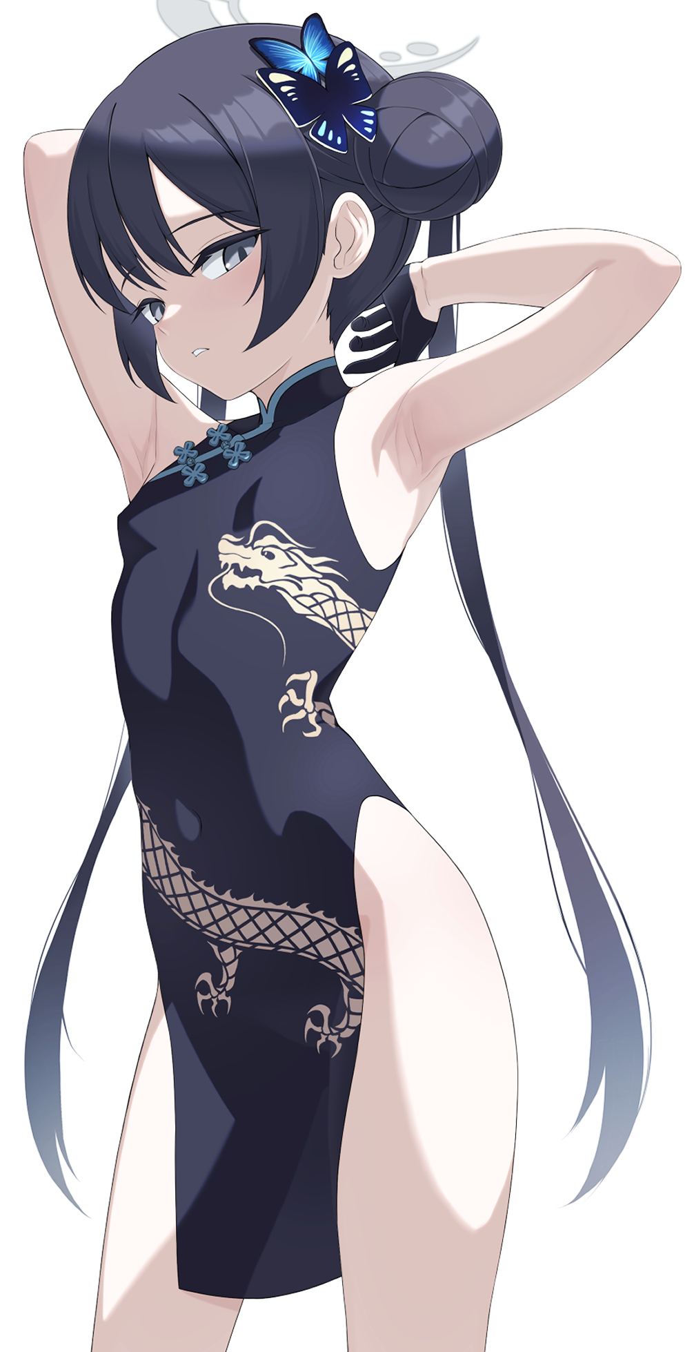 1girl armpit_crease armpits arms_up bare_shoulders black_dress black_gloves black_hair blue_archive breasts butterfly_hair_ornament china_dress chinese_clothes cowboy_shot double_bun dragon_print dress gloves grey_eyes hair_bun hair_ornament half_gloves halo highres kido_airaku kisaki_(blue_archive) long_hair looking_at_viewer parted_lips pelvic_curtain print_dress short_dress side_slit simple_background sleeveless sleeveless_dress small_breasts solo twintails white_background