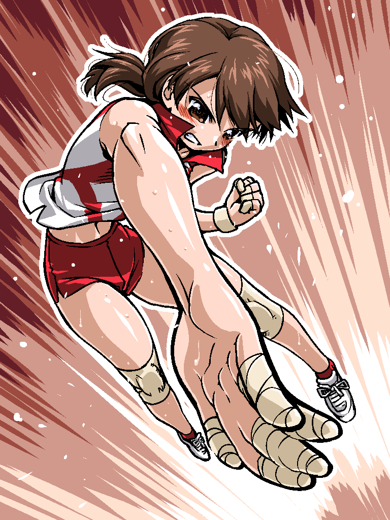 10s 1girl action blush bracelet brown_eyes brown_hair female_focus foreshortening girls_und_panzer grin jewelry kawanishi_shinobu knee_pads long_hair ponytail r-ex red_socks shirt shoes shorts smile socks solo sportswear sweat volleyball_uniform