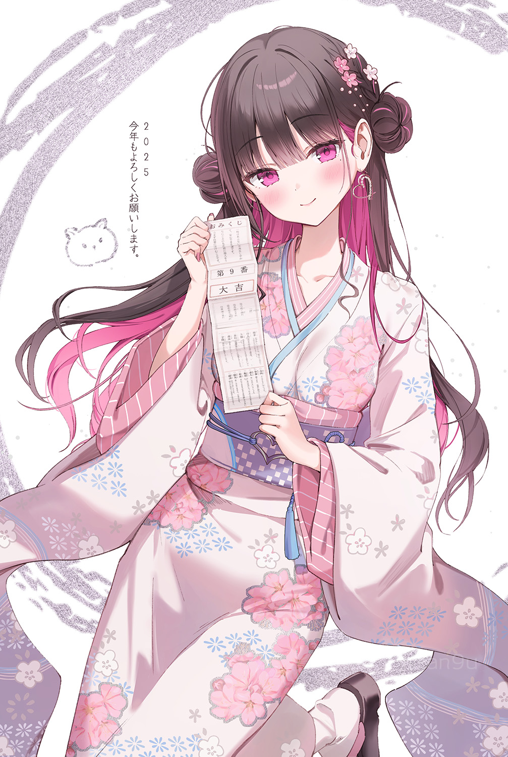 1girl blunt_bangs blush brown_hair collarbone colored_inner_hair commentary_request double_bun earrings floral_print floral_print_kimono flower hair_bun hair_flower hair_ornament head_tilt heart heart_earrings highres japanese_clothes jewelry kimono long_hair long_sleeves mole mole_under_eye multicolored_hair obi obiage obijime original pink_eyes pink_flower pink_hair pink_kimono rangu sash standing standing_on_one_leg translated two-tone_hair white_flower wide_sleeves