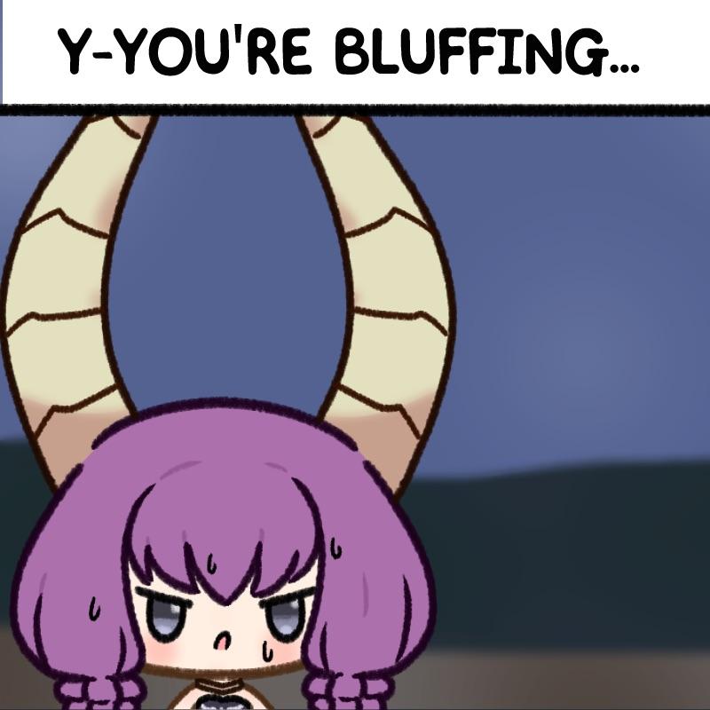 &gt;:( 1girl aura_(sousou_no_frieren) caption chibi demon_girl demon_horns horns nervous_sweating open_mouth purple_hair skyjacc solo sousou_no_frieren sweat v-shaped_eyebrows