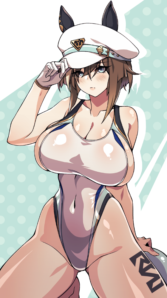 1girl animal_ears blue_eyes blush breasts brown_hair cero_rains cheval_grand_(umamusume) cleavage competition_swimsuit covered_navel gloves hair_between_eyes hat hat_belt highleg horse_ears horse_girl kneeling large_breasts looking_at_viewer multicolored_hair one-piece_swimsuit peaked_cap sideboob skindentation solo streaked_hair swimsuit umamusume white_gloves white_hair white_hat white_swimsuit