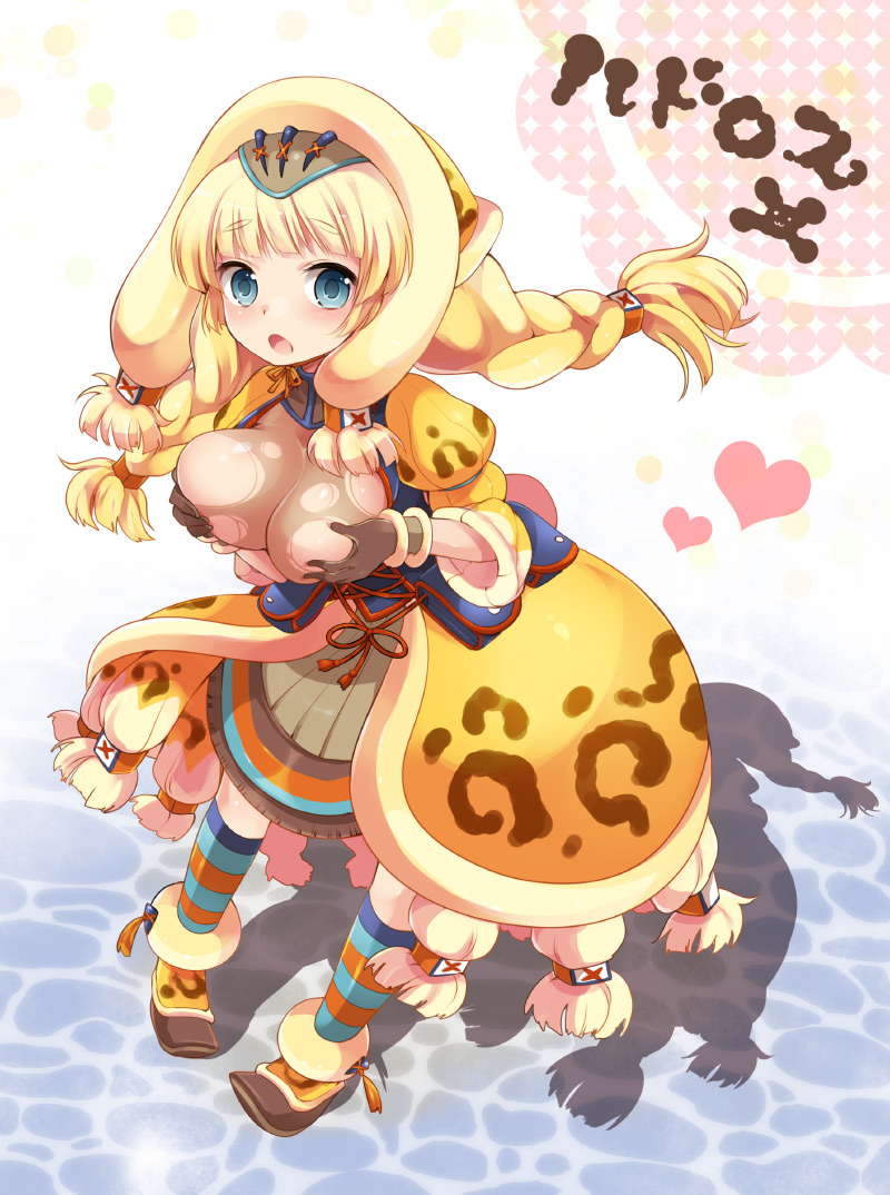 1girl :o armor blonde_hair blue_eyes blush braid breasts capcom cleavage covering_privates female_focus gloves grabbing_another&#039;s_breast groping hair_tubes heart hood long_hair ludroth_(armor) monster_hunter_(series) open_mouth ribbon socks solo striped_clothes striped_legwear striped_socks twin_braids twintails urute